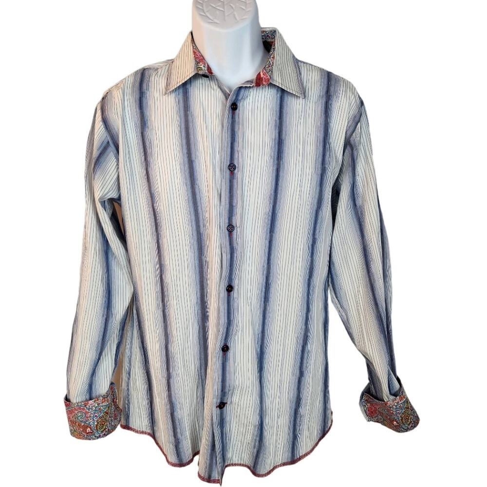 Riggins Buttondown Shirt Mens Sz Large Blue White Stripe Contrast Cuffs